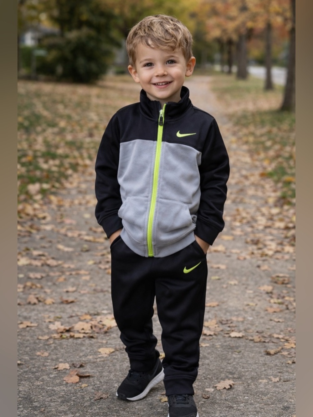 Nike Kids Black & Gray Track Suit with Neon Yellow/Green Accents